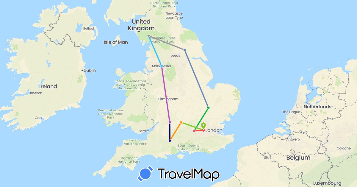 TravelMap itinerary: driving, bus, plane, cycling, train, hiking, boat, hitchhiking, electric vehicle in United Kingdom (Europe)